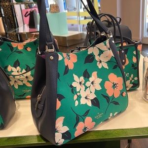 Kate Spade Leila Medium Triple Compartment Shoulder Bag Lily Blooms Green Multi